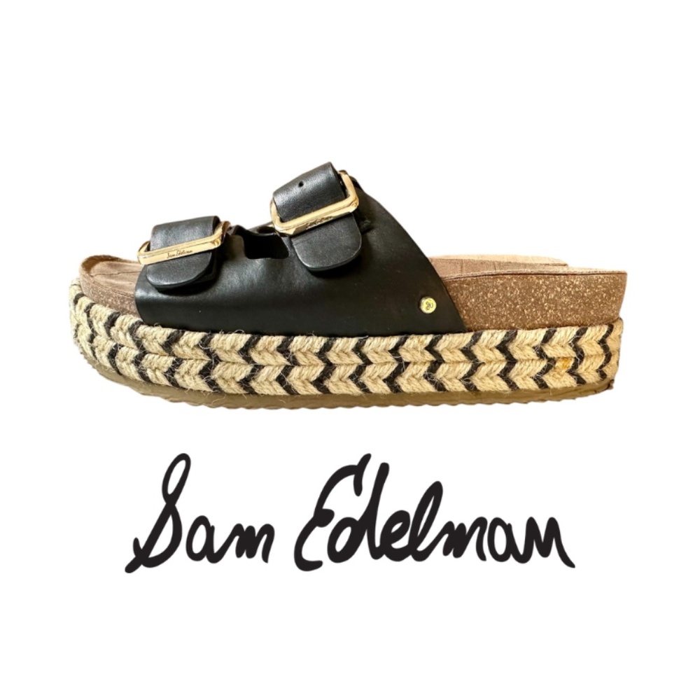 Sam Edelman, Oakley Platform Buckle Jute Slide Sandals, Black, 8M